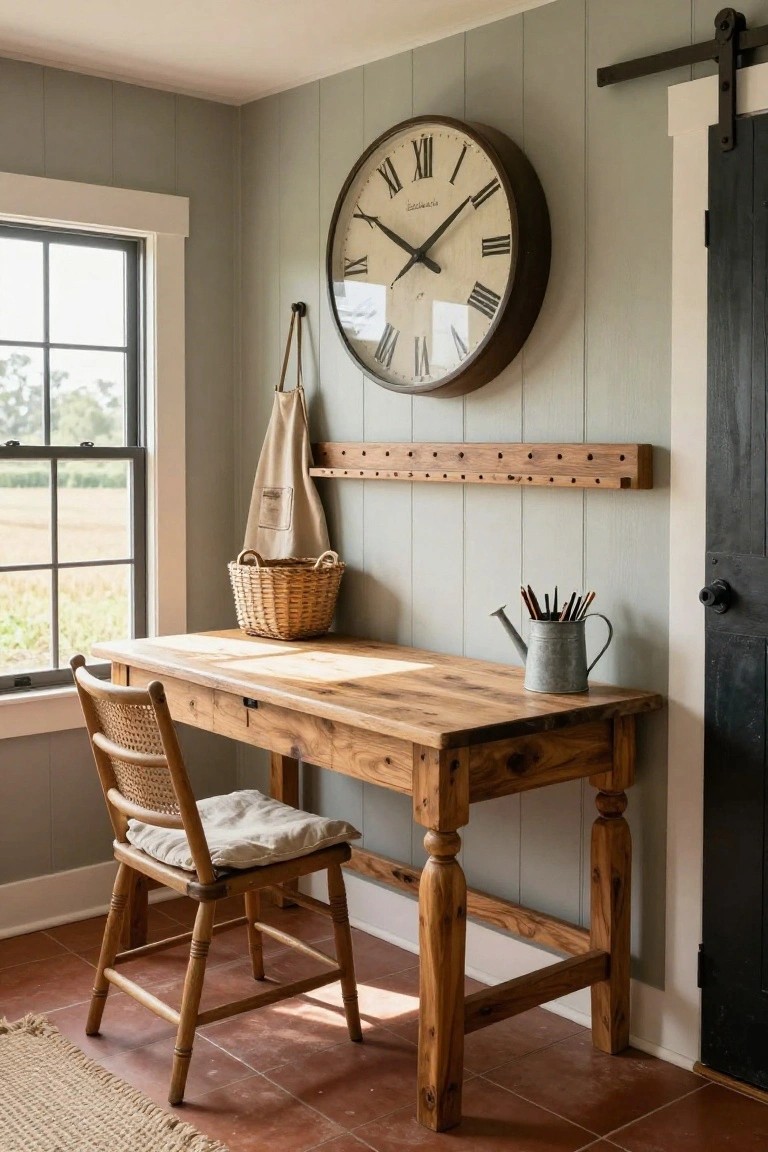Home office corner with wooden desk, rattan chair with cushion, galvanized watering can holding pencils, wicker basket, hanging linen apron on wooden peg rail, large round clock on light gray shiplap walls, black sliding door, and window showing fields outside on terracotta tile floor.
