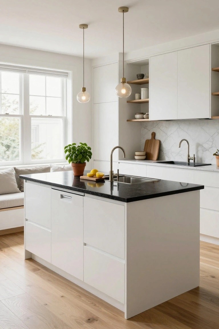 Modern white flat-panel kitchen cabinets with a black granite island countertop, built-in bench seating, brass faucets, marble tile backsplash, and two brass pendant lights.