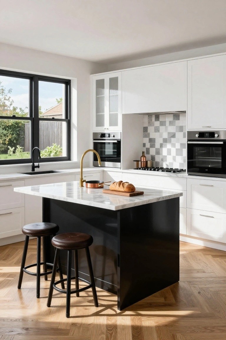 Modern white kitchen with glossy cabinets, black-based island topped with white marble countertop, gold faucet, two black bar stools with brown seats, and herringbone wood flooring.