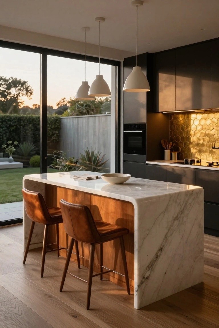 Modern kitchen with curved white marble island on wooden base, two brown leather bar stools, black cabinets, gold honeycomb tile backsplash, oven, and glass doors to backyard garden.