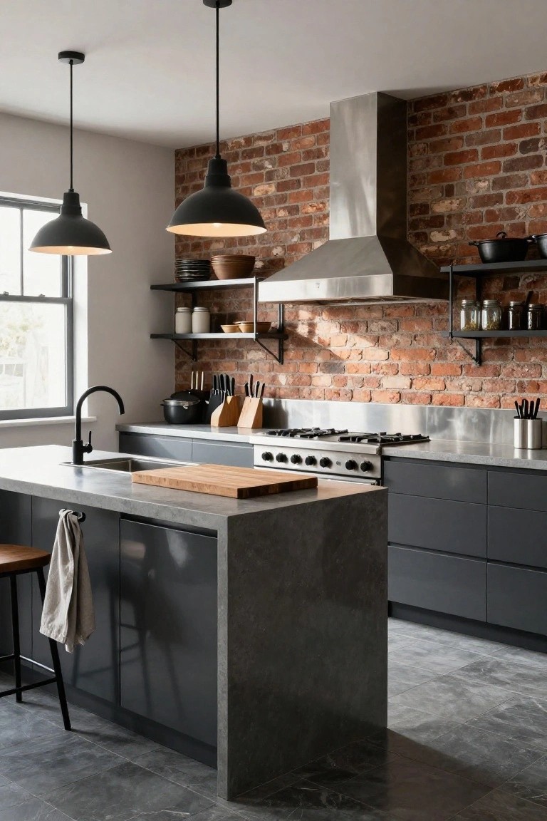 Modern kitchen with exposed red brick accent wall behind stainless steel range hood and appliances, matte dark gray cabinets and island topped with polished gray concrete and wooden cutting board, black pendant lights, glossy dark gray tile floor, and wooden bar stools.