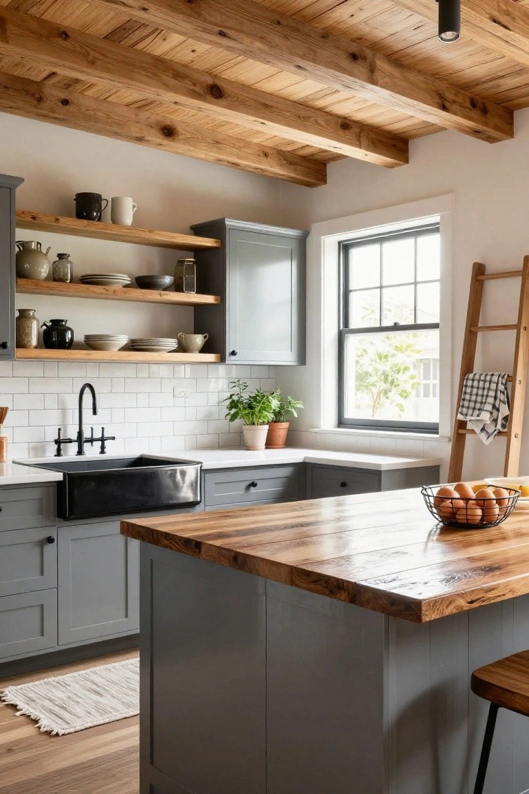 Kitchen interior with exposed wooden ceiling beams, gray shaker-style cabinets, black farmhouse sink, wooden island countertop, open shelving, and a ladder near the window.
