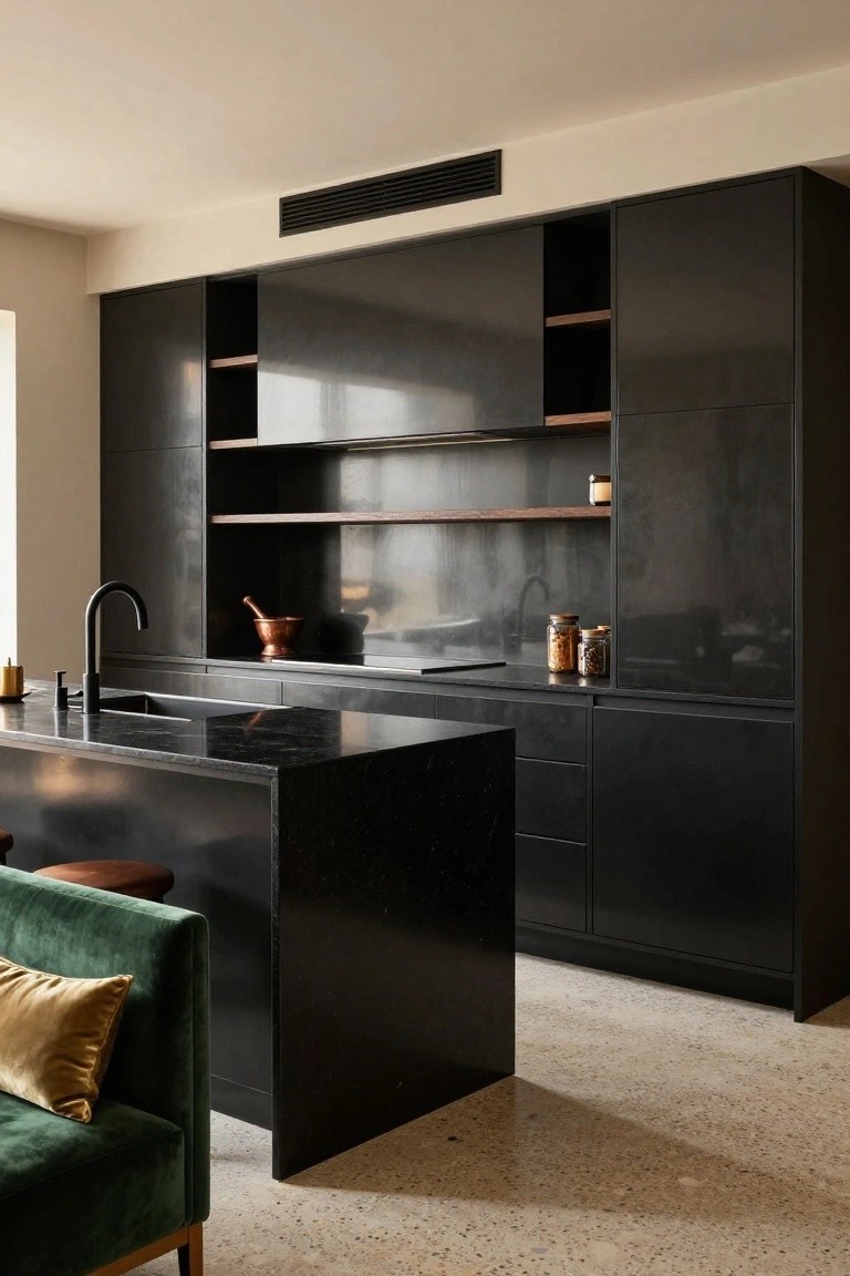 Modern kitchen interior with high-gloss black cabinets, open shelving, black stone island, copper accents, green velvet bench with yellow pillow, and terrazzo floor.