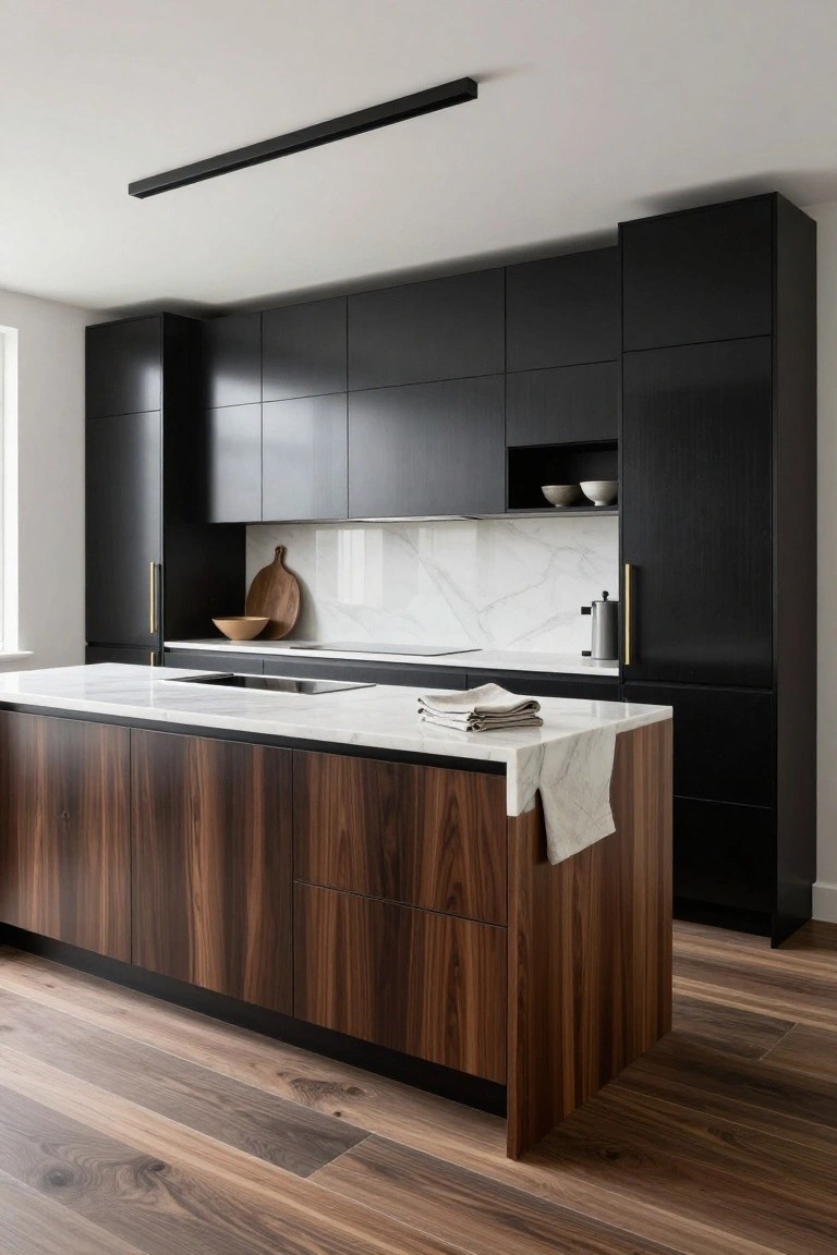 Modern kitchen interior with glossy black tall cabinets, a walnut wood island with white marble countertop, marble backsplash, integrated cooktop, and light wood flooring.