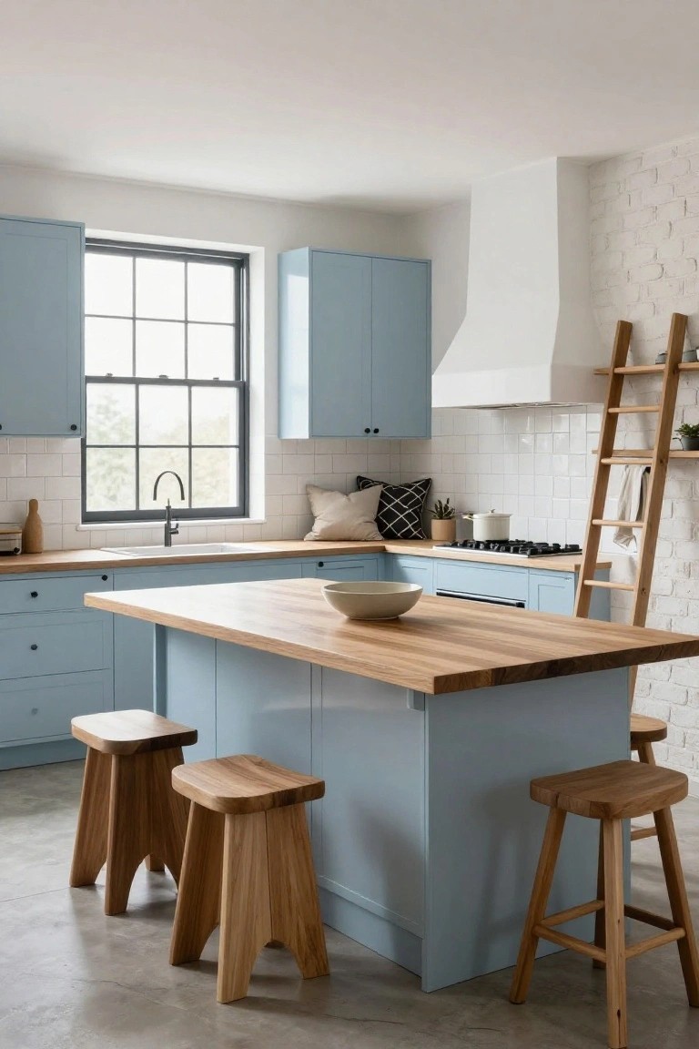 Kitchen with light blue glossy cabinets, central wooden-topped island with oak stools, white range hood, subway tile backsplash, exposed brick wall with wooden ladder shelf, and large window.