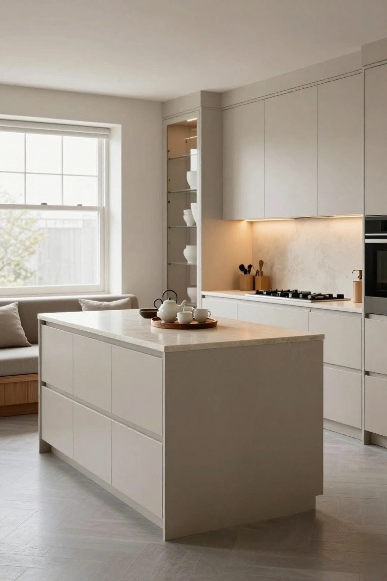 Modern kitchen with light gray matte cabinets, a large central island topped with glossy white stone countertop, integrated cooktop, and nearby built-in bench seating on herringbone tile floor.