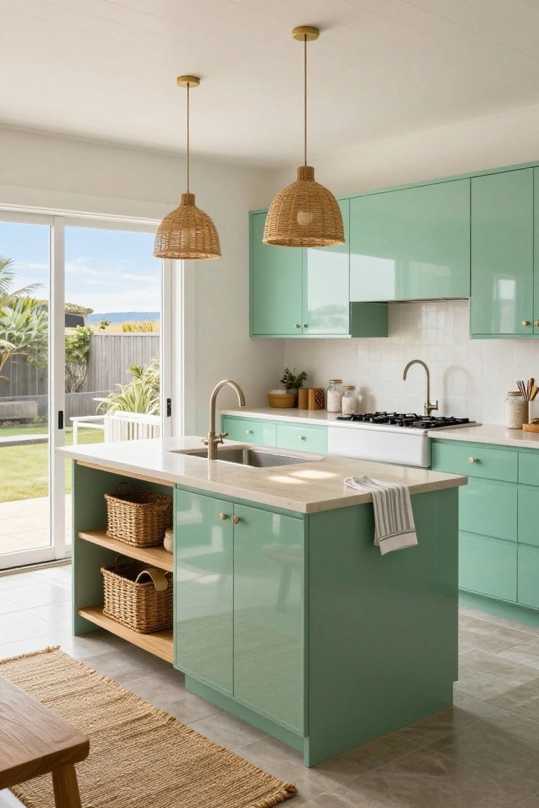 Kitchen with high gloss mint green cabinets, white countertops and subway tile backsplash, rattan pendant lights, central island, and sliding glass doors open to a backyard garden.