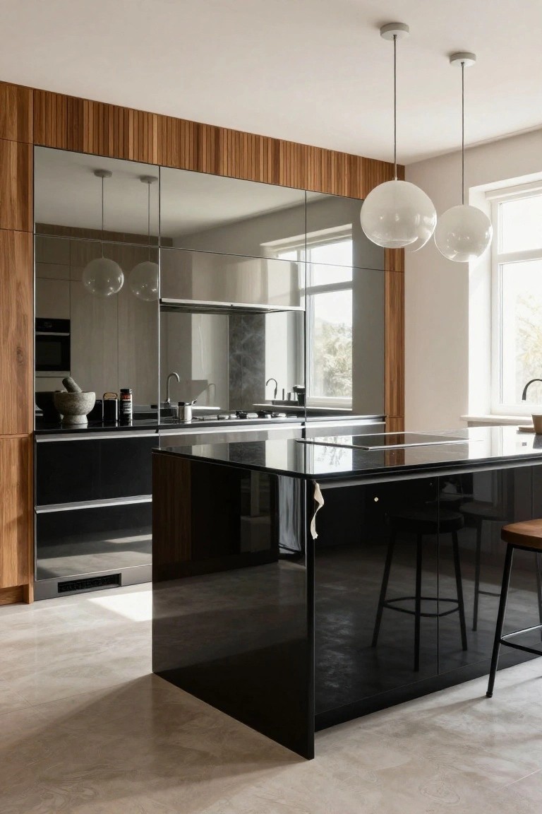 Modern kitchen with high gloss black island, wood slat wall panels and mirror, white globe pendant lights, black stools, and window with trees outside.