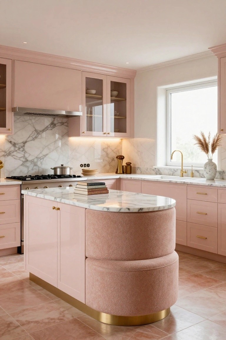 A kitchen with blush pink high-gloss cabinets, white marble countertops and backsplash, gold faucets and handles, a rounded tufted pink island stool, and terracotta tile flooring.
