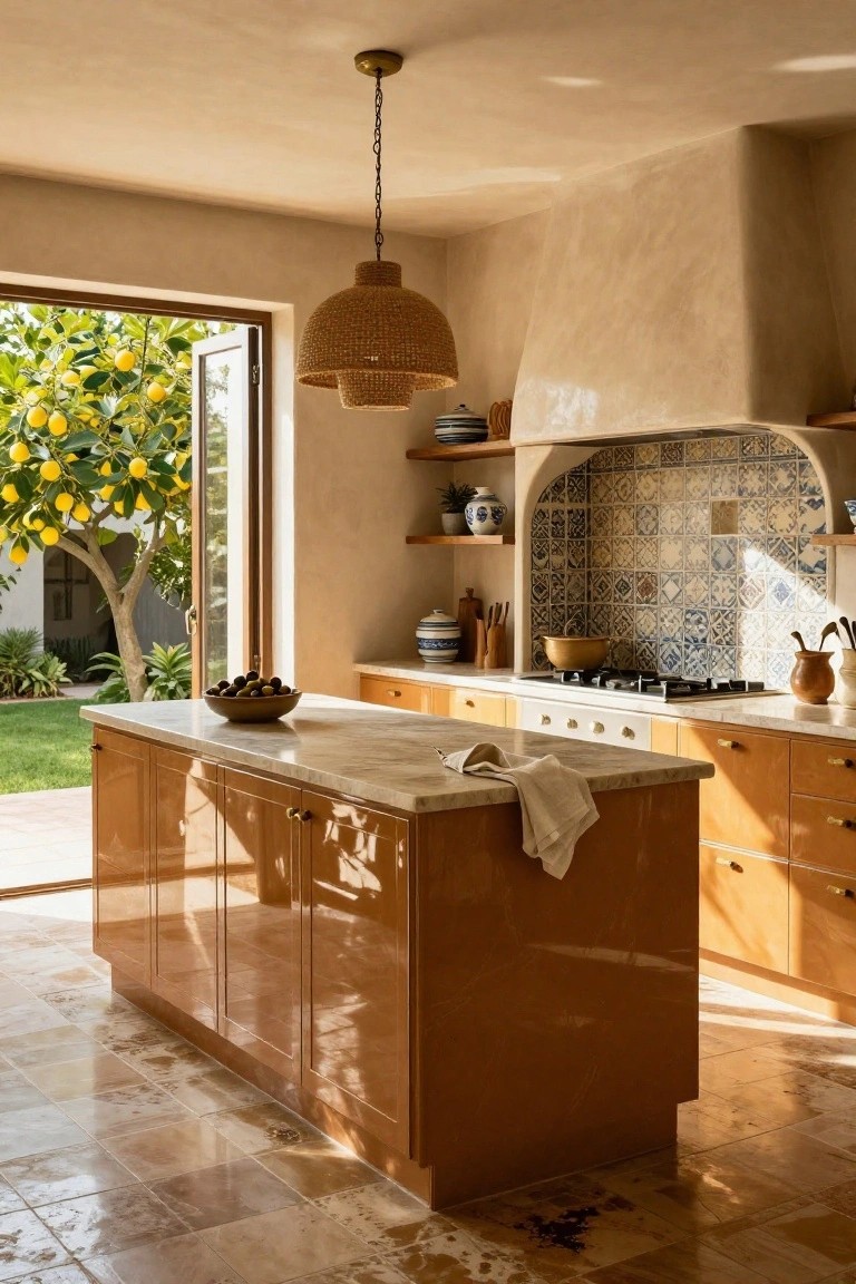 Kitchen with high-gloss burnt orange central island, light wood cabinets, arched blue tiled backsplash, rattan pendant light hanging above, and open doors revealing garden with lemon tree.