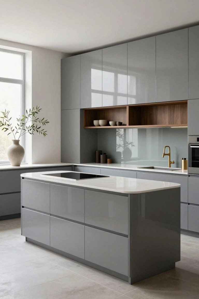 Modern kitchen interior with high-gloss gray cabinets, white quartz island countertop and counters, wood open shelves, gold faucet, and integrated appliances.