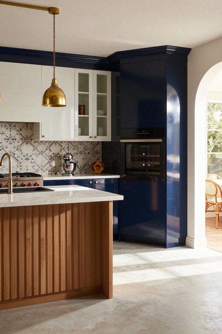 Kitchen interior with high gloss navy blue lower cabinets and tall unit, white upper cabinets with glass doors, oak slatted island, white marble counters, brass pendant light and faucet, blue patterned tile backsplash, and view to outdoor seating area.