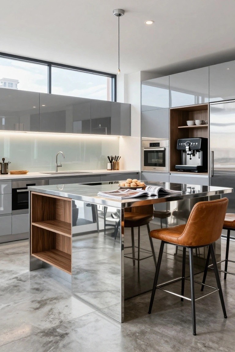 Modern kitchen with glossy gray cabinets, reflective stainless steel island with wood accents, tan leather bar stools, integrated appliances, and polished concrete floor.