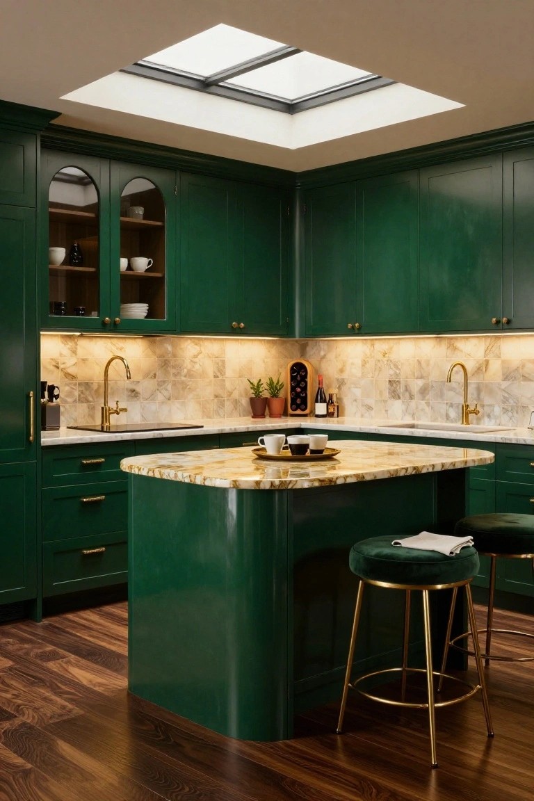 Kitchen featuring high-gloss emerald green cabinets, curved green island with two gold stools, marble countertops, gold faucets, and under-cabinet lighting under a skylight.