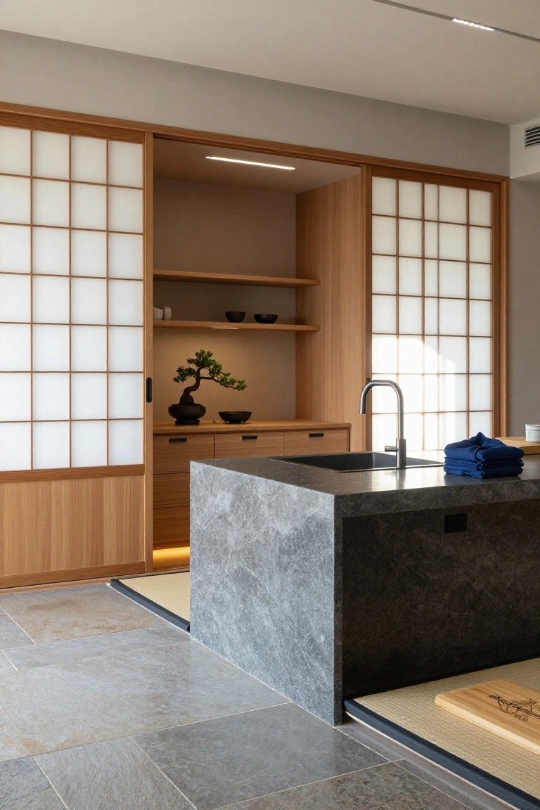 Kitchen interior with open shoji sliding doors revealing wooden cabinets, shelves with bonsai plant and dishes, dark polished stone island with sink and blue towels, tatami mat, and gray slate floor.