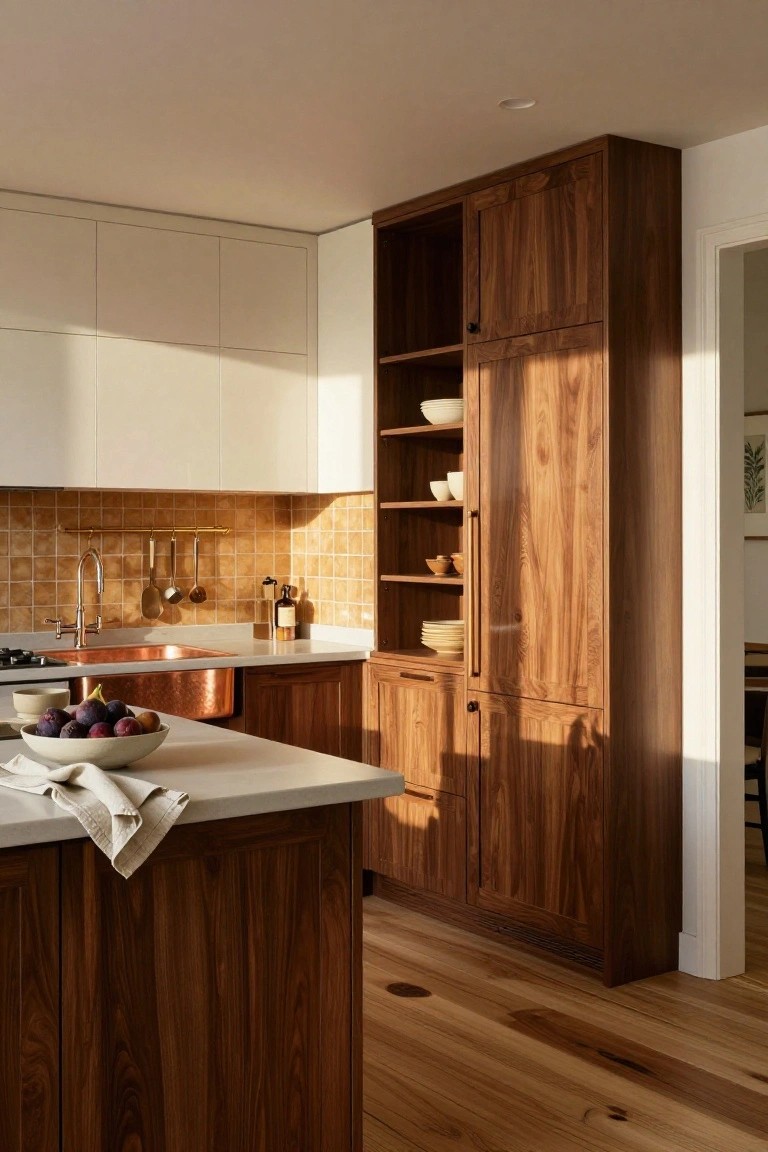 Modern kitchen with tall walnut wood lower cabinets and island, glossy white upper cabinets, yellow tile backsplash, copper farmhouse sink, white quartz countertops, and open shelving displaying dishware.