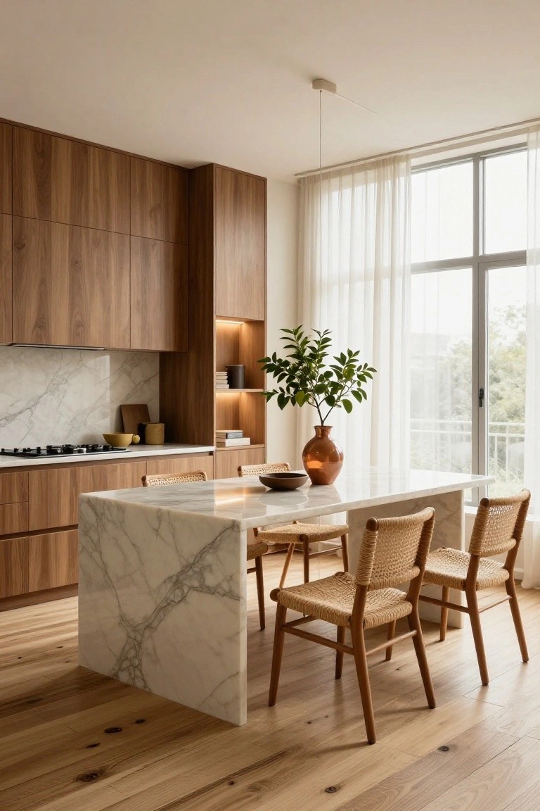 Modern kitchen featuring tall walnut wood cabinets, a white marble kitchen island with veined surface, rattan chairs, and large windows with sheer curtains overlooking trees.