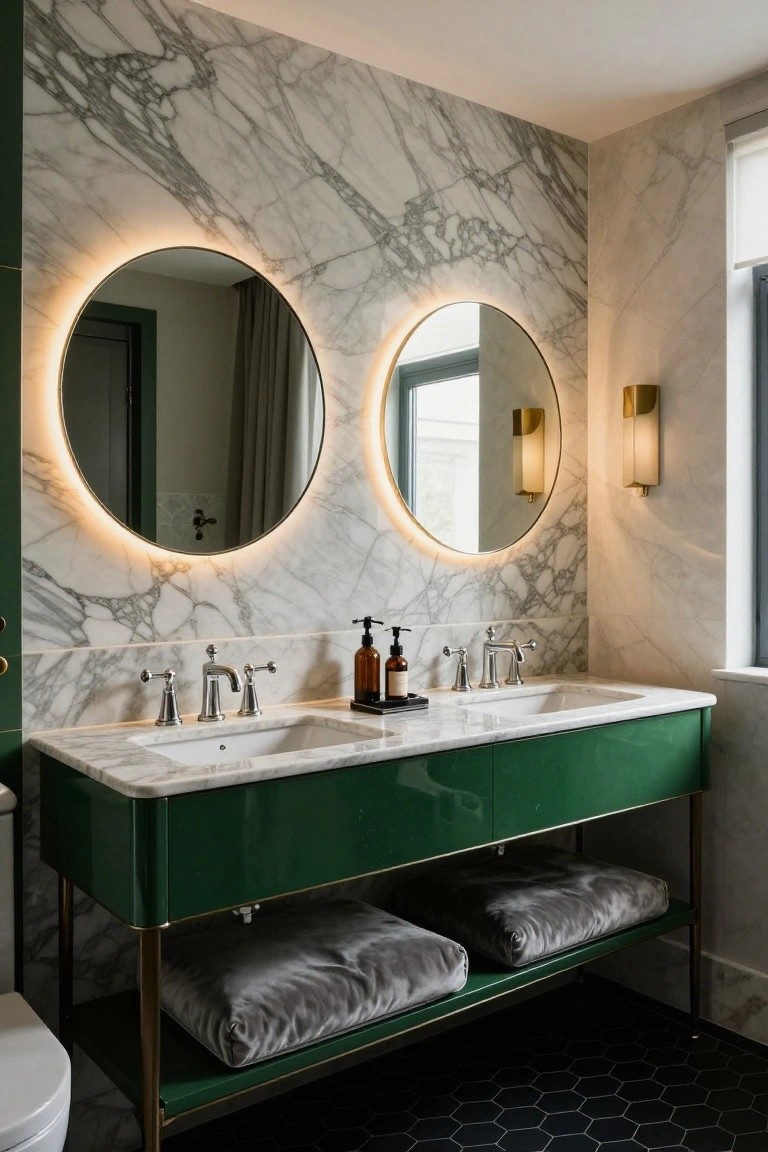 Modern bathroom with glossy emerald green double vanity on brass legs, white marble walls and counters, two round backlit mirrors above dual sinks, gold wall sconces, and black hexagonal floor tiles.