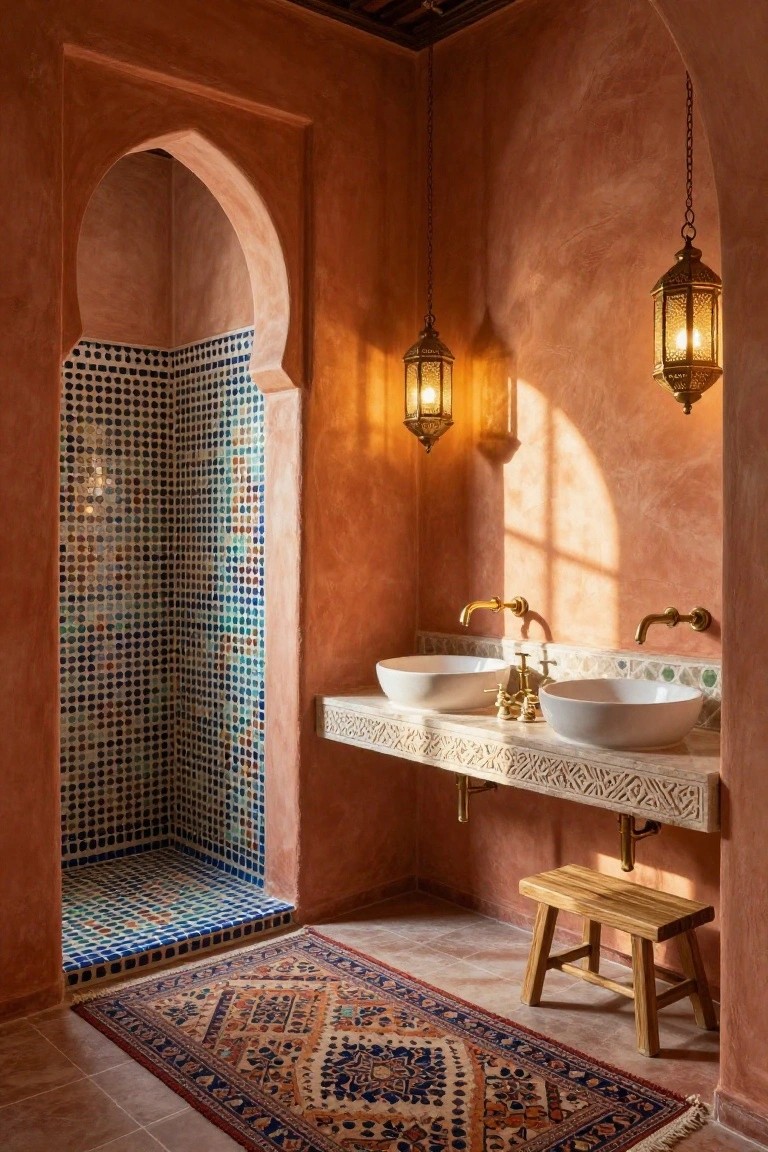 Bathroom interior with terracotta plaster walls, arched corner shower with blue white and multicolored dot mosaic tiles, double white sinks on carved stone vanity with brass faucets, hanging lanterns, wooden stool, and patterned rug on tiled floor.