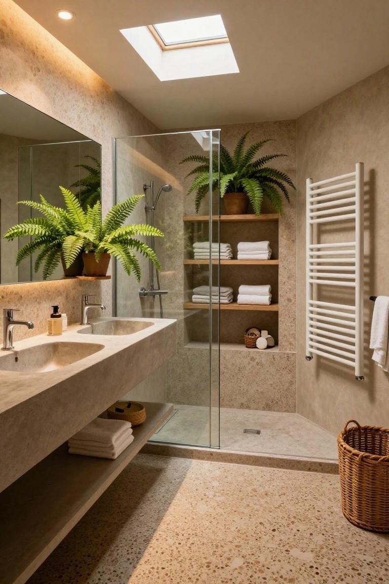 Modern bathroom with beige textured stone walls, floor, and double sink vanity, glass shower enclosure, potted ferns on shelves and near mirror, white towel radiator, wooden shelving with towels and basket, and overhead skylight.
