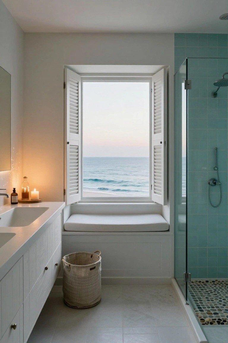 Bathroom with white double vanity, built-in cushioned bench under large open-shuttered window overlooking ocean waves, teal-tiled glass shower enclosure, and wicker laundry basket on light gray floor.
