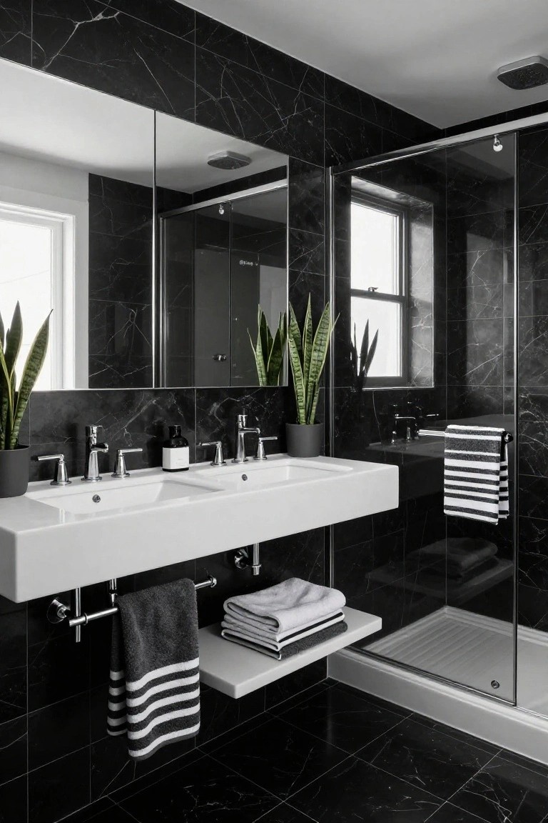 Modern black marble bathroom with double white sinks and striped towels.