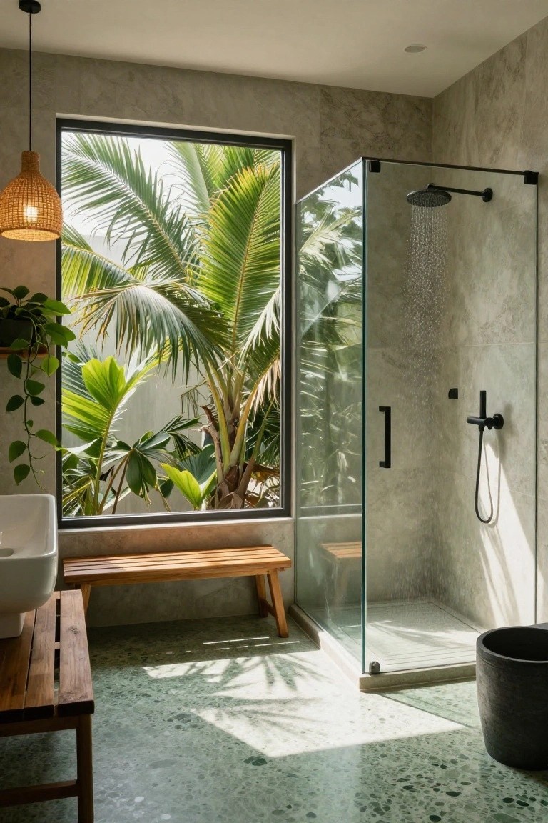 Modern bathroom with glass shower enclosure, rainfall showerhead, white vessel sink beside wooden bench, large window overlooking green palm trees and plants, and green terrazzo tile floor.