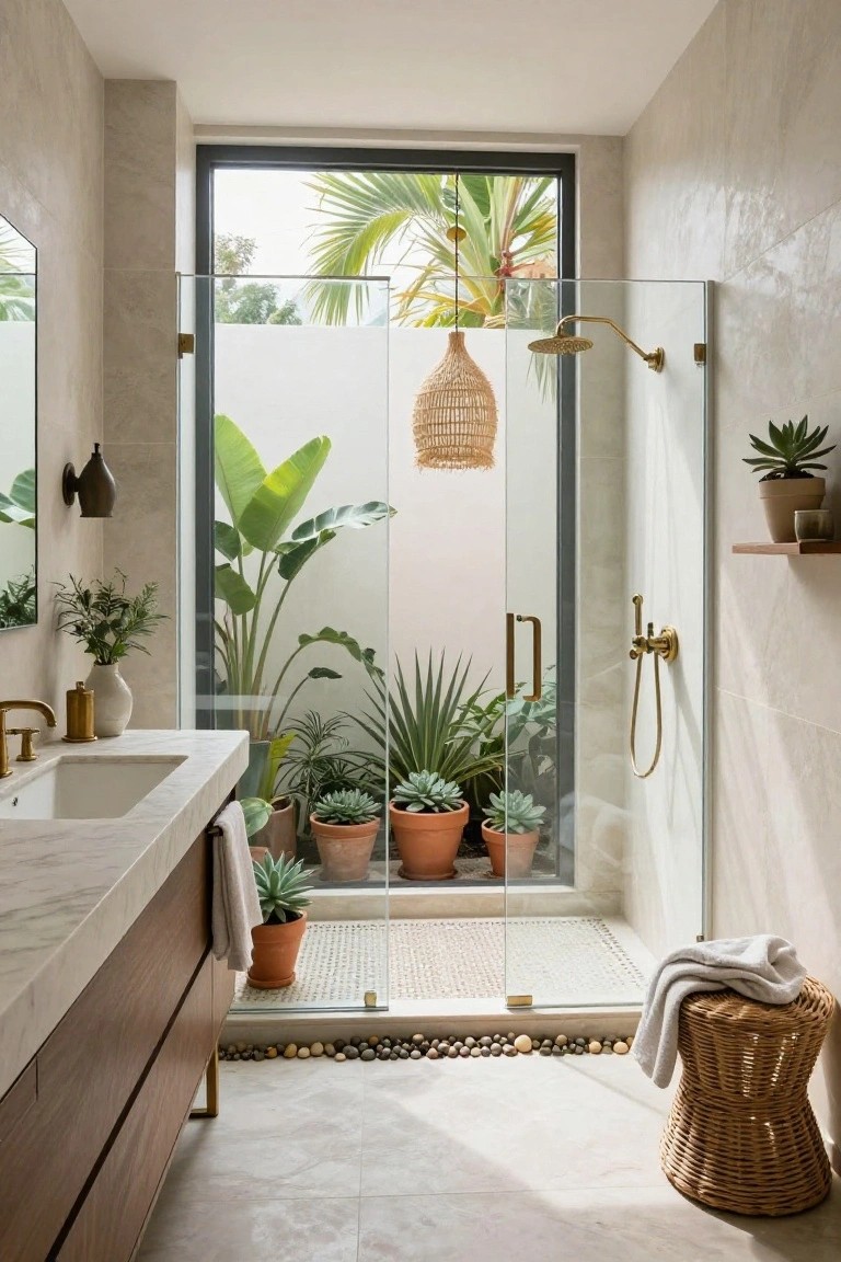 A beige-toned bathroom with a frameless glass shower enclosure surrounded by potted tropical plants including palms and succulents, a marble countertop vanity with gold fixtures, and a large window revealing outdoor palm trees.