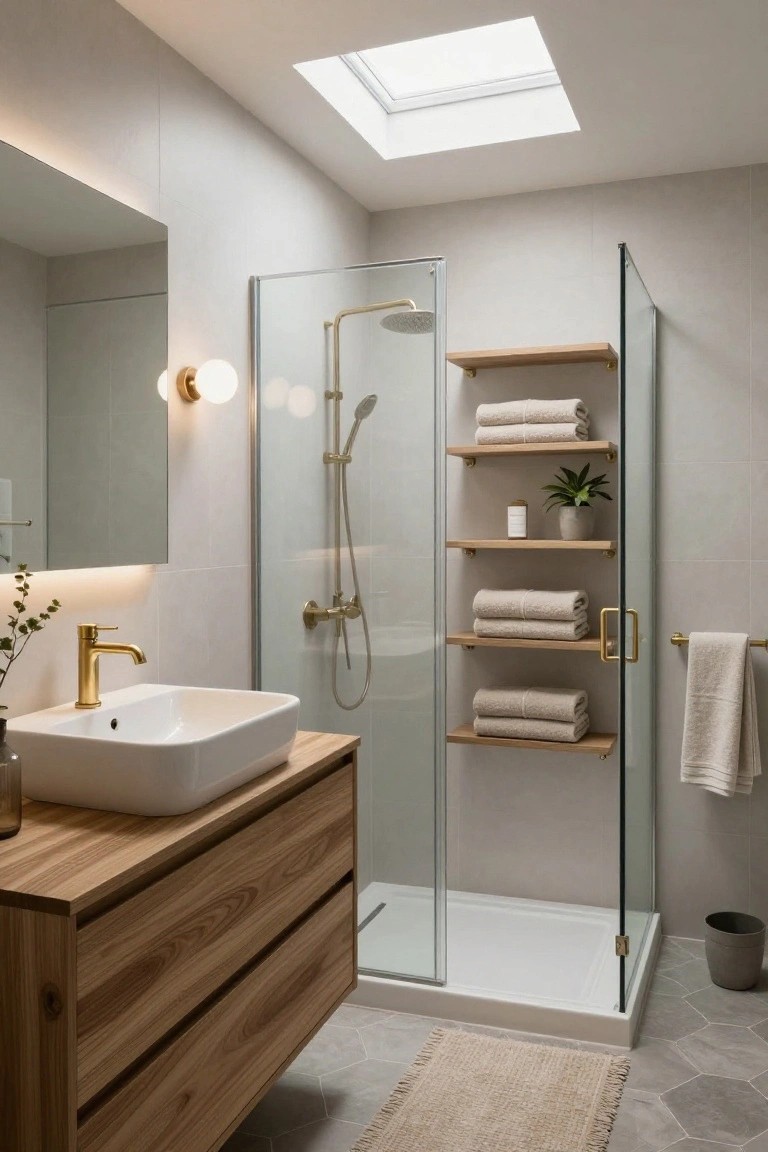 Modern bathroom interior featuring a white vessel sink on an oak wood vanity with gold faucet, glass shower enclosure with gold showerhead and handheld sprayer, floating oak shelves next to the shower holding folded towels plants and a bottle, neutral gray walls and tiled floor, skylight overhead, and beige rug.
