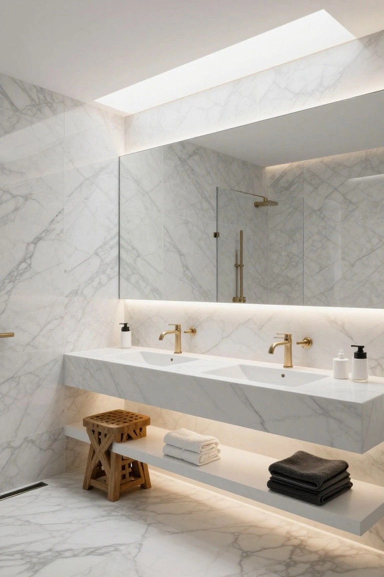 Modern bathroom with white veined marble on walls, floor and floating vanity, two gold faucets, open shelf with towels and wooden stool, glass shower enclosure, and LED lighting.