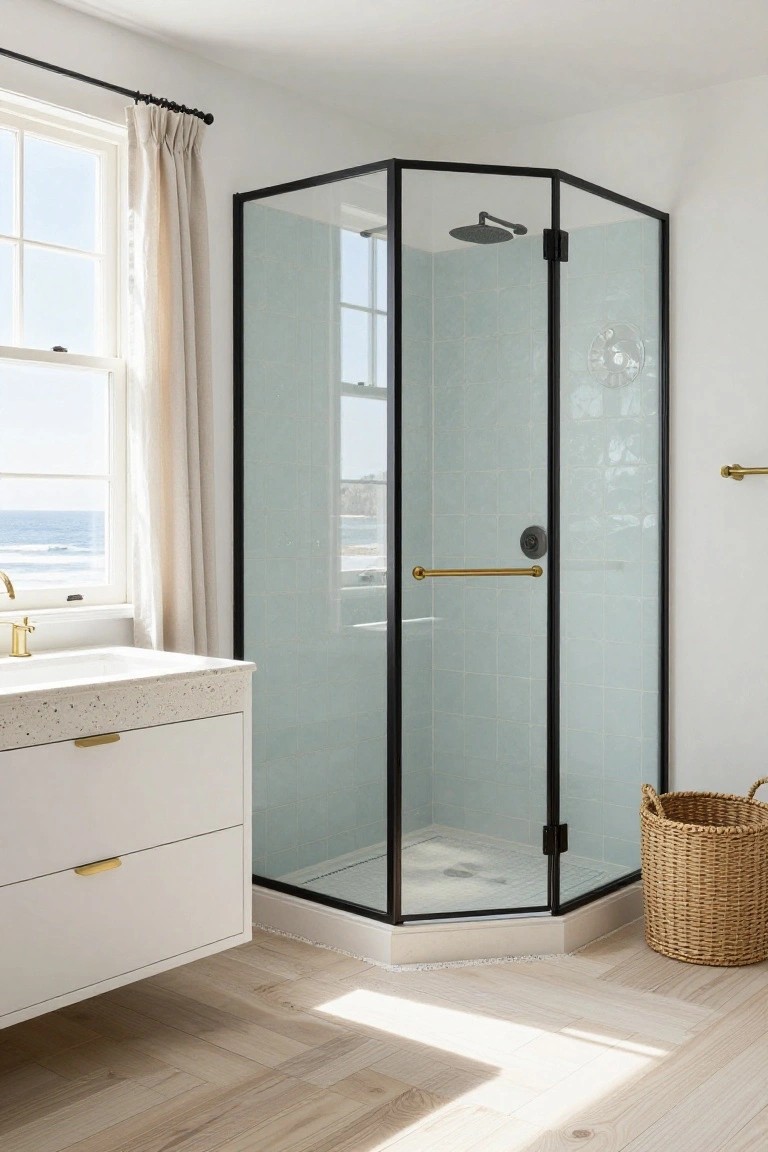 Corner glass shower enclosure with black metal frames and seafoam green tiles in a white bathroom with a window overlooking the ocean, white vanity, and wood floor.