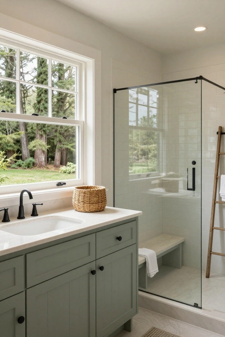Bathroom featuring sage green shaker-style vanity with white sink, woven basket on counter, glass shower enclosure with white subway tile walls, wooden bench and ladder towel rack inside shower, and large multi-pane window overlooking trees, garden, and lawn.