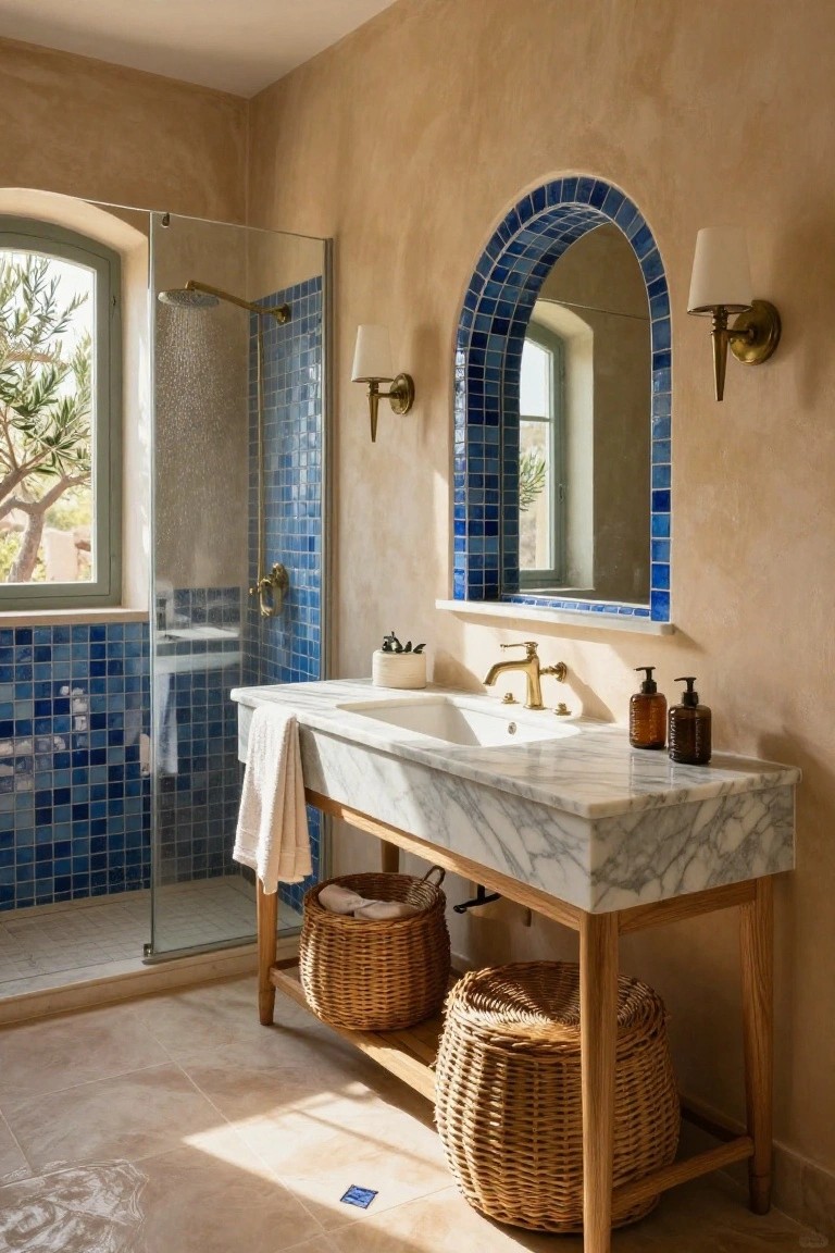 Mediterranean bathroom with marble vanity, blue tiled arch mirror, and woven baskets.