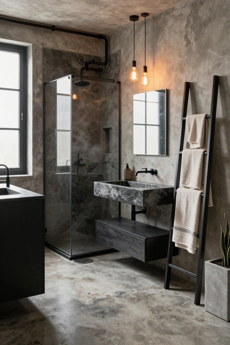 Modern bathroom with textured gray concrete walls and polished floor, black metal shower enclosure and fixtures, marble sink basin, ladder-style towel rack, exposed pipes, and pendant lights.