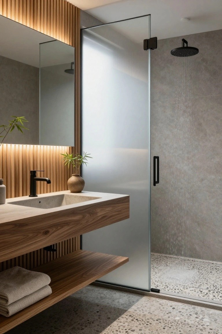 Modern bathroom interior with vertical light wood slat accent wall and backlighting behind a mirror, floating walnut wood vanity with gray stone sink and black faucet, potted plants, folded towels on shelf, frosted glass shower enclosure with black rain showerhead, and pebble tile floor.