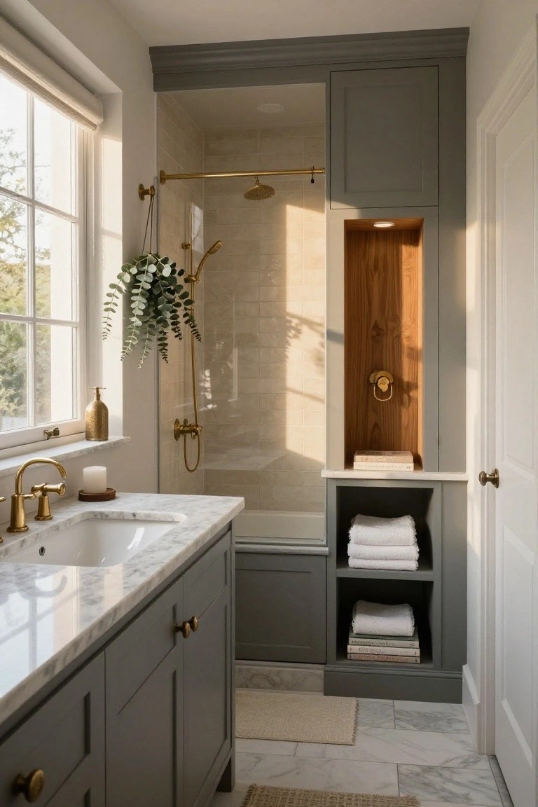 Compact bathroom interior with white marble vanity and floors, gold faucets and shower fixtures, tall gray cabinets featuring open wood-lined niche and shelves holding towels and books, glass shower enclosure, and window with hanging plant.