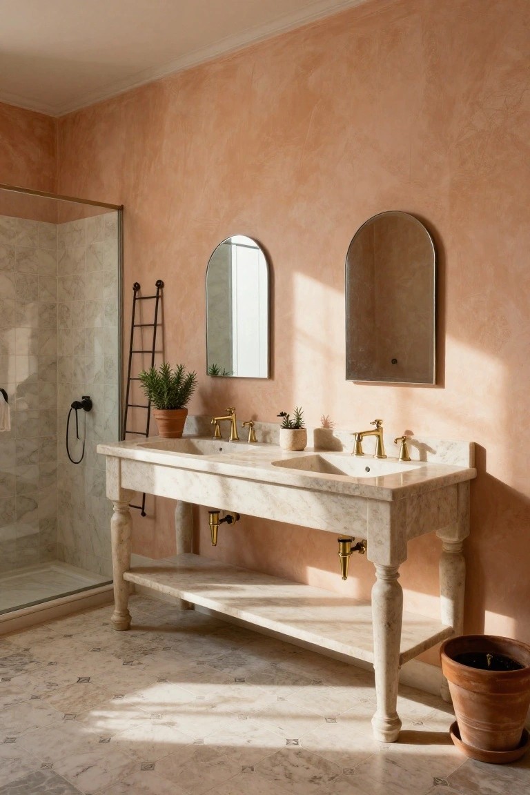 Luxury bathroom featuring textured peach walls, white marble double vanity on turned legs with gold faucets, two arched mirrors, potted plants, ladder shelf, glass shower enclosure, and light gray tiled floor.