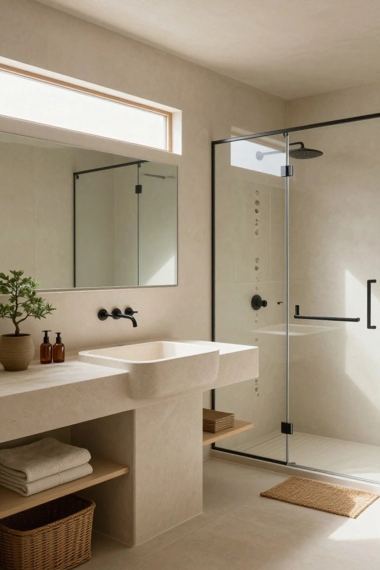 A minimalist bathroom with beige textured plaster walls, a floating white sink with black faucet and handles, potted plants and bottles on the vanity, built-in wooden shelves holding towels and a basket, and a black-framed glass shower enclosure with rainfall showerhead.