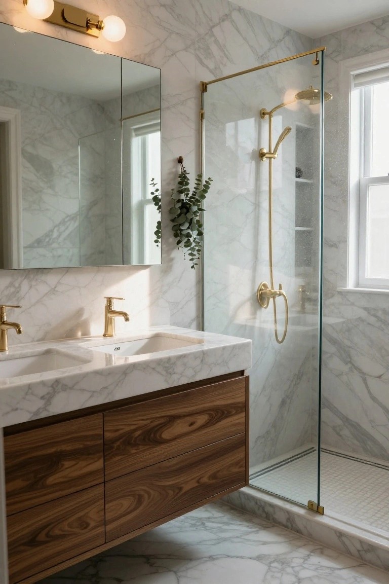 Modern bathroom with white marble walls, floor and countertop, floating double walnut wood vanity with two white sinks and gold faucets, large mirror, glass shower enclosure with gold fixtures, and eucalyptus plant hanging nearby.