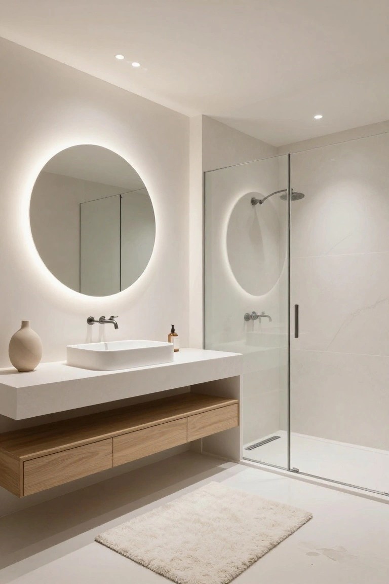 Modern minimalist bathroom with white walls and floor, round backlit mirror above white vessel sink on floating oak drawer vanity, and glass shower enclosure.
