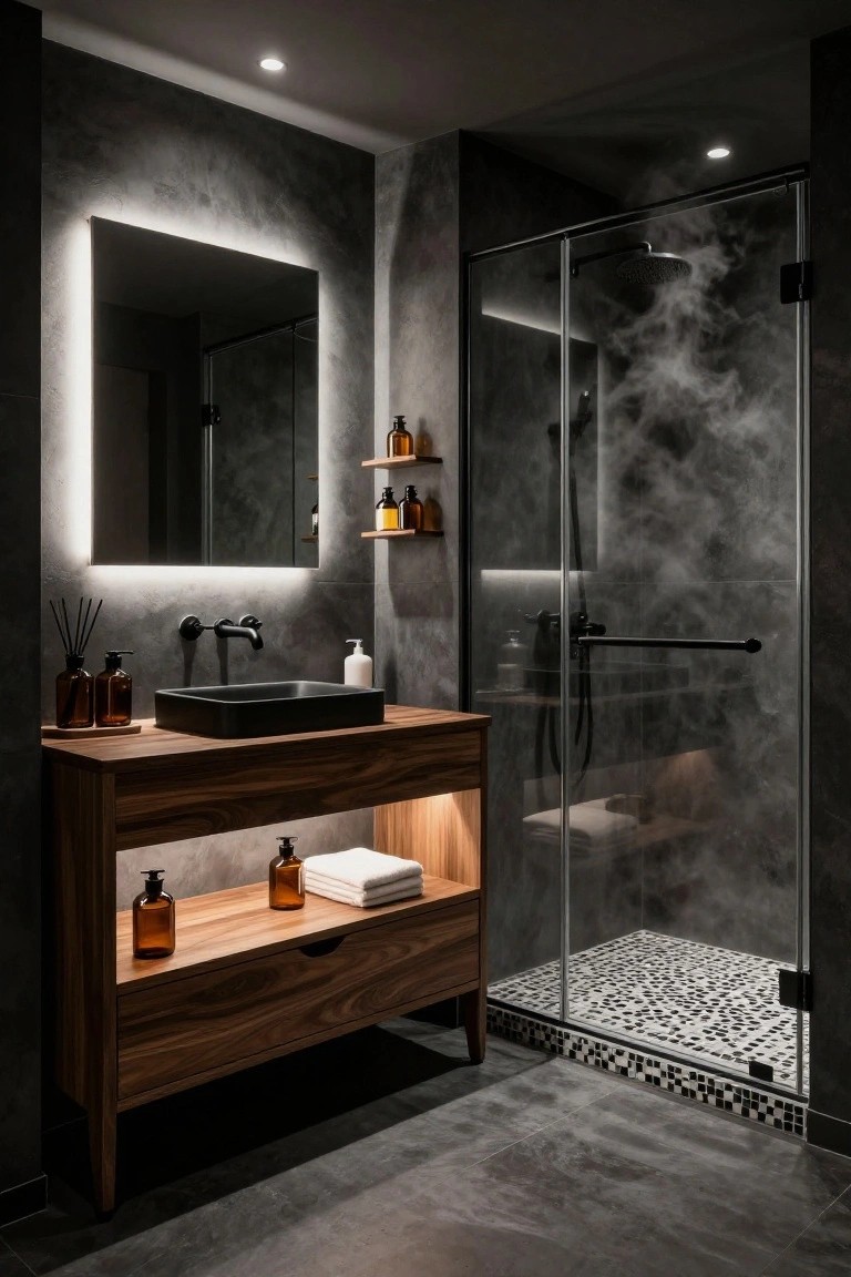 Modern bathroom with dark textured gray walls, backlit rectangular mirror, wooden vanity cabinet holding towels and bottles under a black sink, and glass shower enclosure with steam and pebble tile floor.