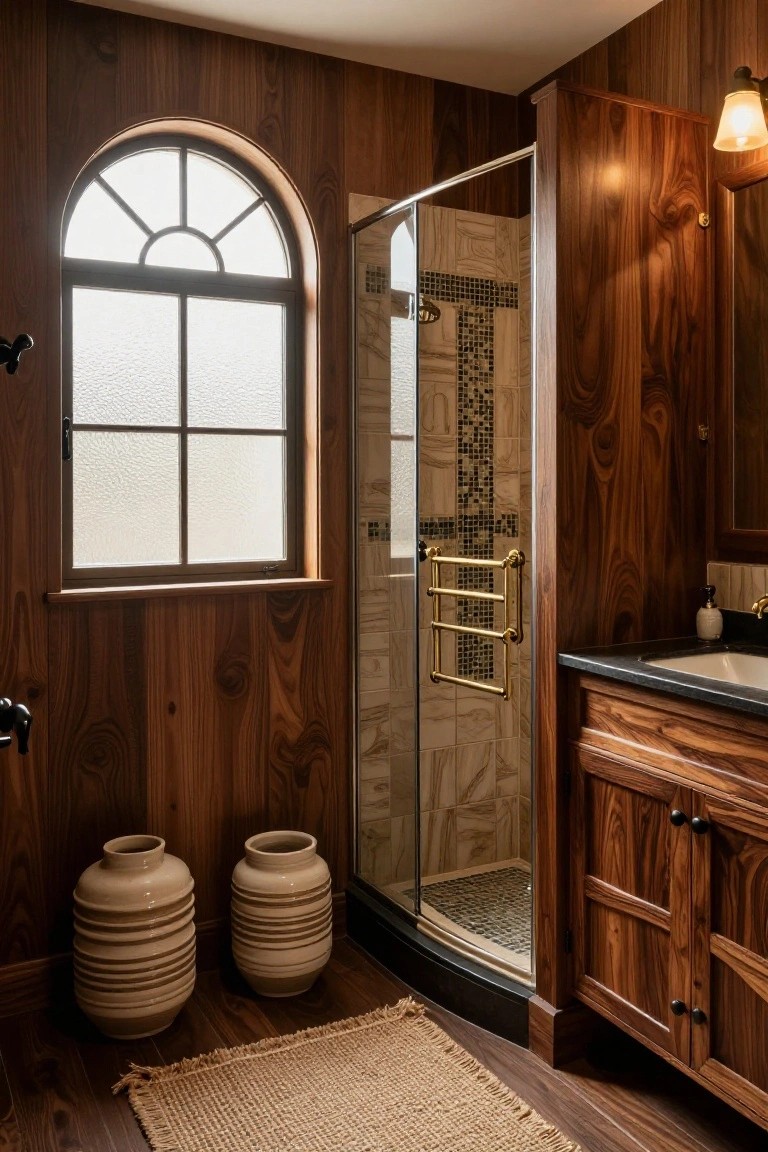 A bathroom with vertical wood paneling on walls and cabinets, a curved glass shower enclosure with tan veined tiles, pebble shower floor, brass towel rack and faucet, black countertop sink vanity, arched frosted window, and two tall ceramic vases on wood floor with jute rug.