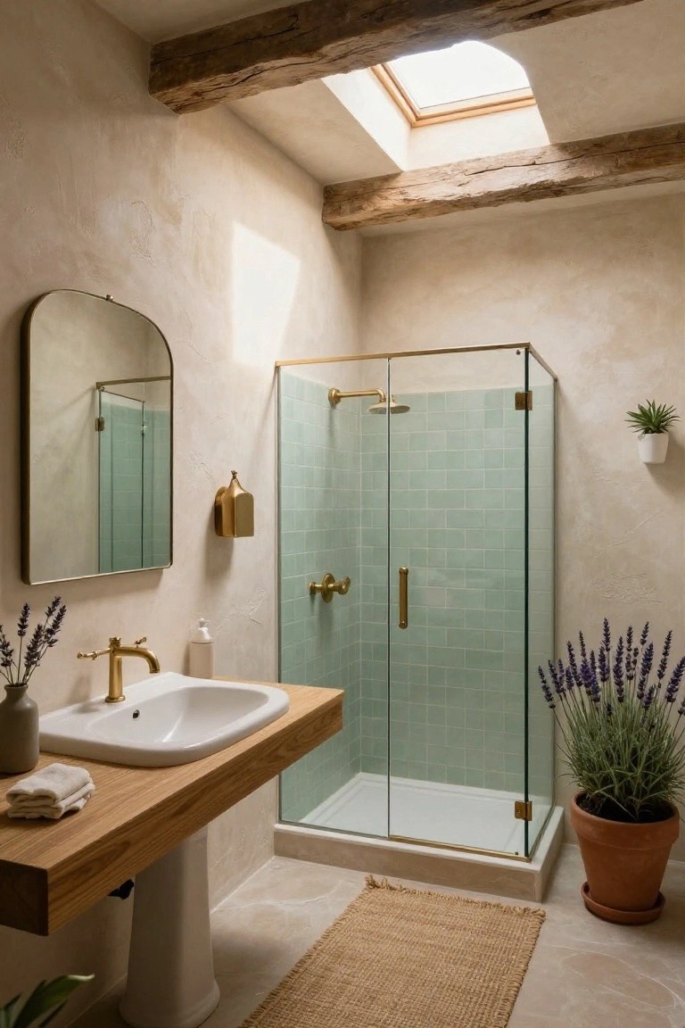 Bathroom interior with beige textured walls, wooden floating vanity and pedestal sink, gold faucet, mint green tiled glass shower enclosure, skylight, plants in pots, and woven rug on floor.