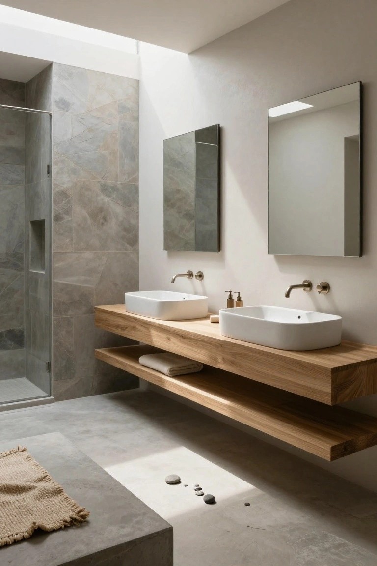 Modern bathroom with floating oak double vanity supporting two white rectangular sinks, brushed metal faucets, gray stone shower enclosure, slim mirrors, concrete floor, woven rug, and skylight.