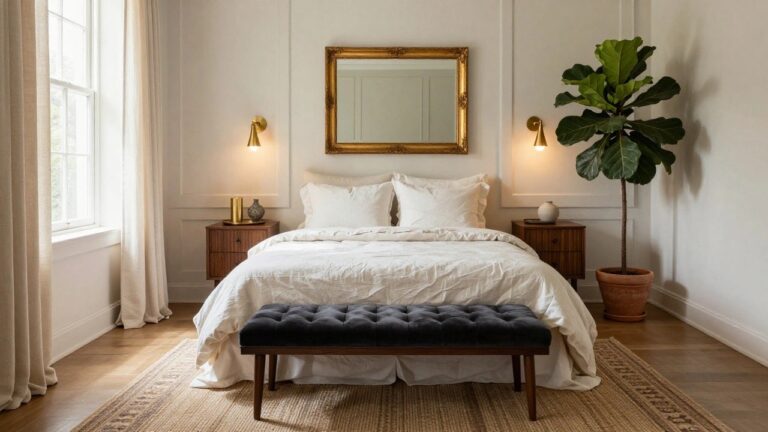 23 Inspiring Luxury Bedroom Bench Ideas for the Foot of the Bed Bedroom interior featuring a bed with white linens, wooden nightstand and lamp, tall fiddle leaf fig plant in a pot, wooden dresser with gold-framed mirror above, black tufted velvet bench at bed's foot, beige rug on light wood floors, and large windows with cream curtains.
