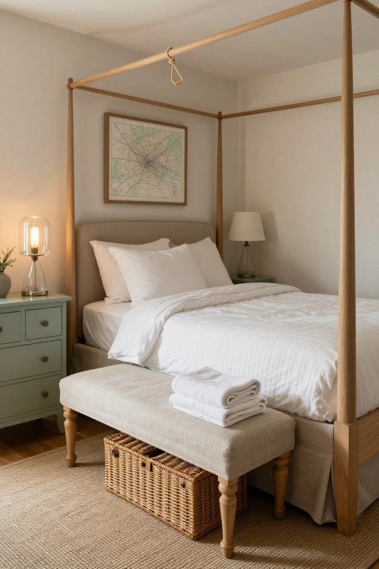 Light bedroom interior with oak four-poster bed covered in white linens, beige linen-upholstered bench at foot of bed holding folded white towels and wicker basket underneath, sage green dresser with glass lamp, another lamp on nightstand, framed map on wall, seagrass rug, hardwood floor.