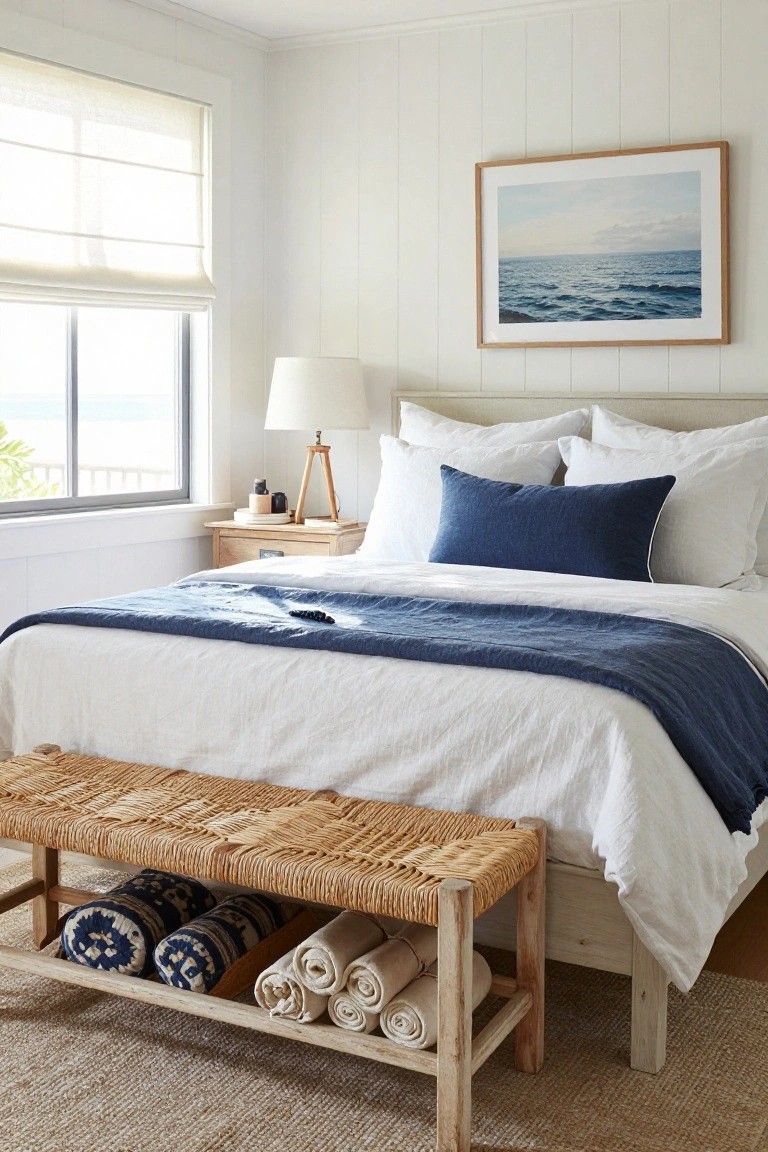 White paneled bedroom with a king bed draped in white linens and navy throw, rattan bench at foot storing rolled blue towels and white linens, wood nightstand with lamp, ocean view window with sheer shade, and framed seascape print on wall.
