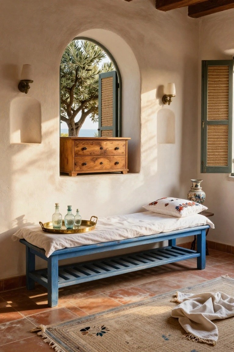 Blue wooden bench with white linen sheet at the foot of a bed in a whitewashed room featuring an arched window with olive tree and sea view, wooden dresser, and terracotta tile floor.