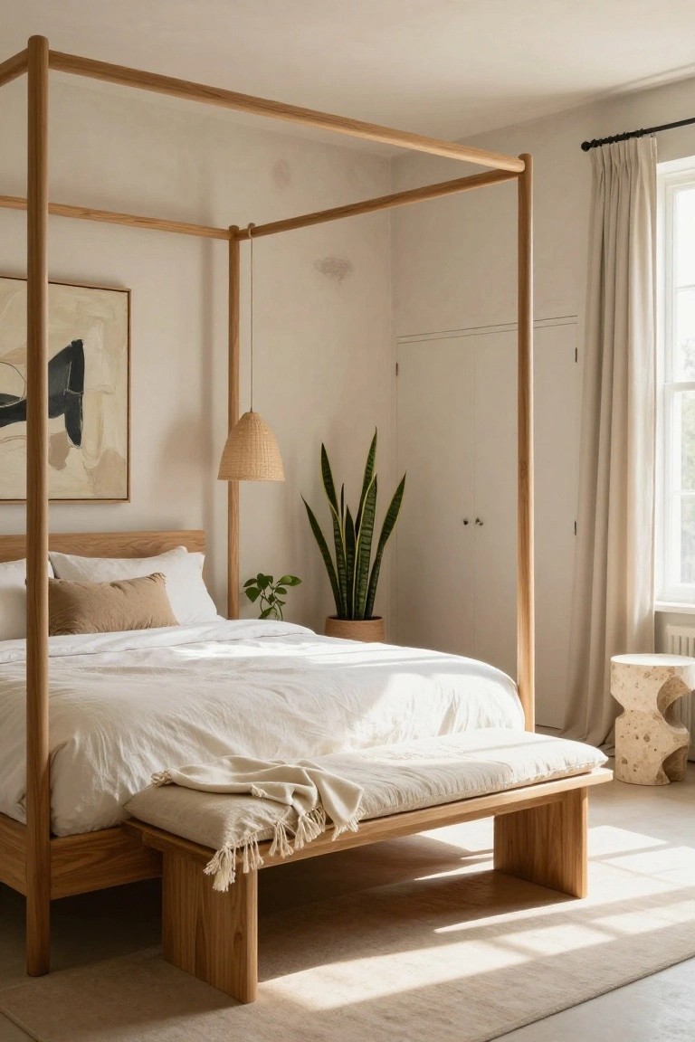Light oak four-poster bed with white linens and beige pillows in a bright bedroom, matching wooden bench at foot with beige cushion and cream throw, snake plant in pot, rattan pendant lamp, abstract wall art, and beige curtains on window.