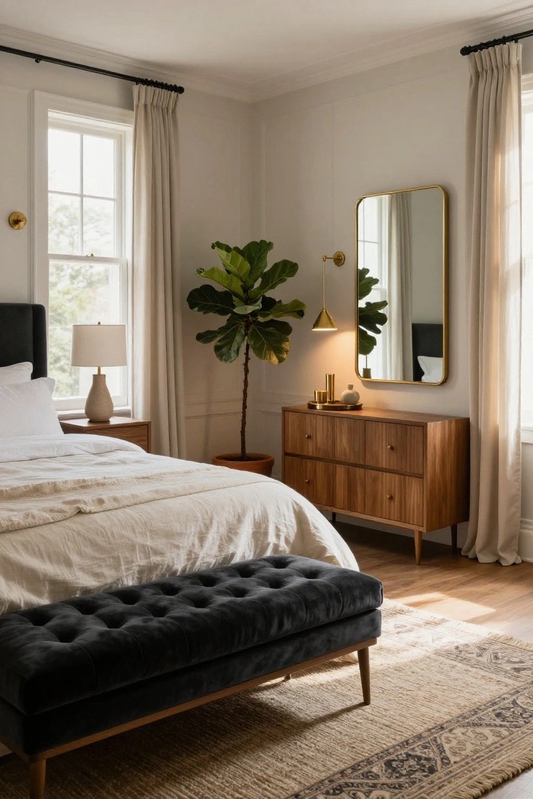 Bedroom interior featuring a bed with white linens, wooden nightstand and lamp, tall fiddle leaf fig plant in a pot, wooden dresser with gold-framed mirror above, black tufted velvet bench at bed's foot, beige rug on light wood floors, and large windows with cream curtains.